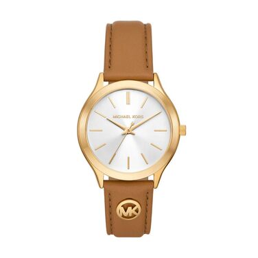 Жіночий годинник Michael Kors Slim Runway 38мм з кварцовим механізмом та шкіряним ремінцем (Коричневий та Золотий)