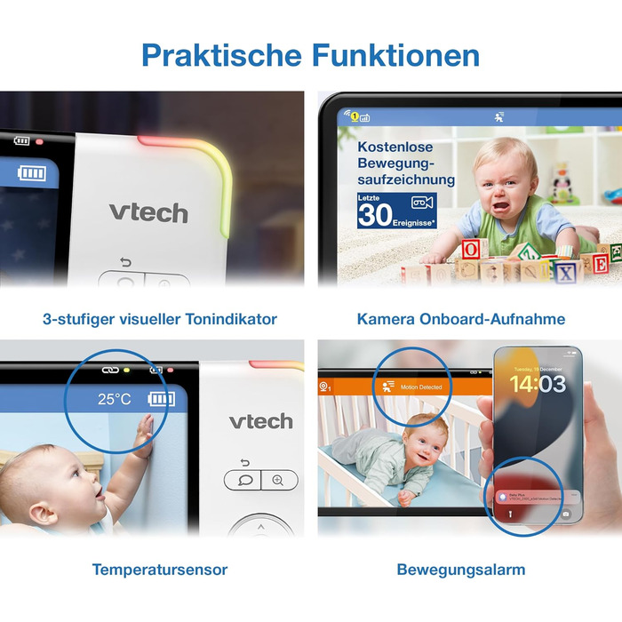Відеоняня Vtech VM901-1W WiFi з 5-дюймовим HD-дисплеєм, поворотна камера 1080P, мобільний додаток, широкий кут огляду 120°, сумісна з iOS та Android