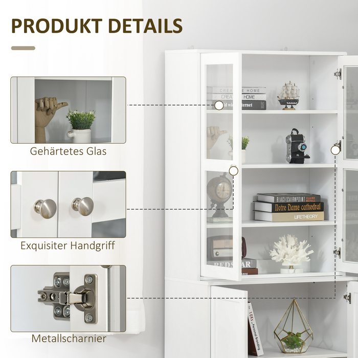 HOMCOM 178.5 cm Tall Bookshelf Display Cabinet with Glass Door, 6 Compartments, Kitchen Cabinet for Living Room, Kitchen - White | Aosom