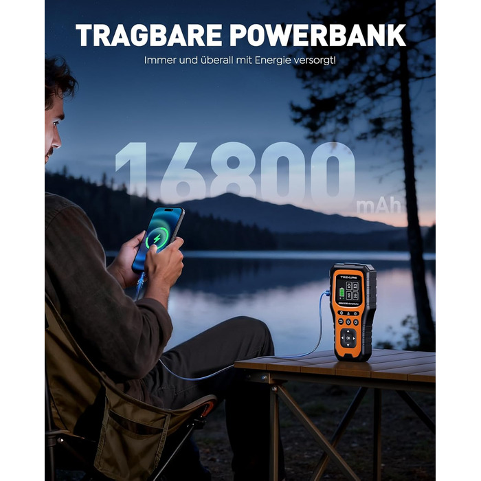 TREKURE 7000A Пусковий пристрій (Powerbank) для авто з тестером акумулятора та OBD2 діагностикою – 12V для бензину/дизеля до 10л, LED ліхтар, аварійний інструмент для легкових авто