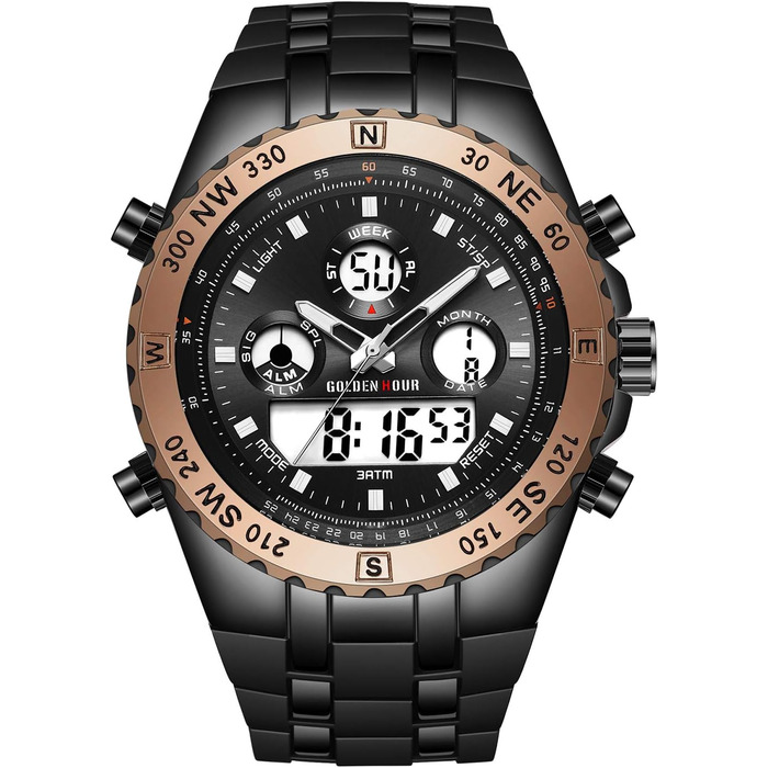 Чоловічий військовий годинник: цифрові та аналогові функції, водонепроникність, дата, будильник, світіння, секундомір. Великий годинник для чоловіків (Rose Gold B)