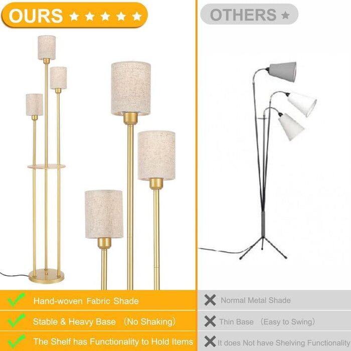 Стійка лампа Winverty для вітальні з полицею, 3 лампи, вінтажний стиль, індустріальний дизайн, E27, вимикач на нозі, абажур з льону, 1.66 м (золота)
