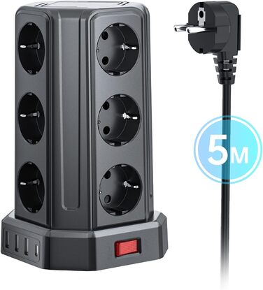 Смуга розподілу Sameriver на 12 розеток з кабелем 5м, 4 USB-порти, захист від перенапруги, чорний