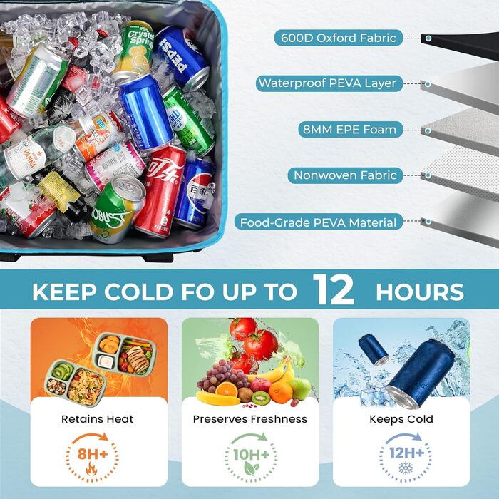 INSMEER Кулер для їжі та напоїв 50 л, великий, складний, для 80 банок, витримує витоки, з відкривачем, для пікніків, кемпінгу, пляжу, сімейних поїздок на 4 особи, чорний