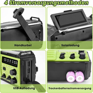 Сонячне радіо Kurbelradio 8000mAh з ручним генератором, AM/FM, LED ліхтарик, SOS, компас, IPX3, для кемпінгу та відпочинку на природі (зелене)