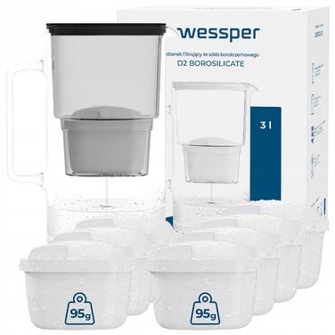 Скляний фільтр-віддільник для води Wessper D2 BOROSILICATE 3л, чорний + 8 фільтрів у комплекті