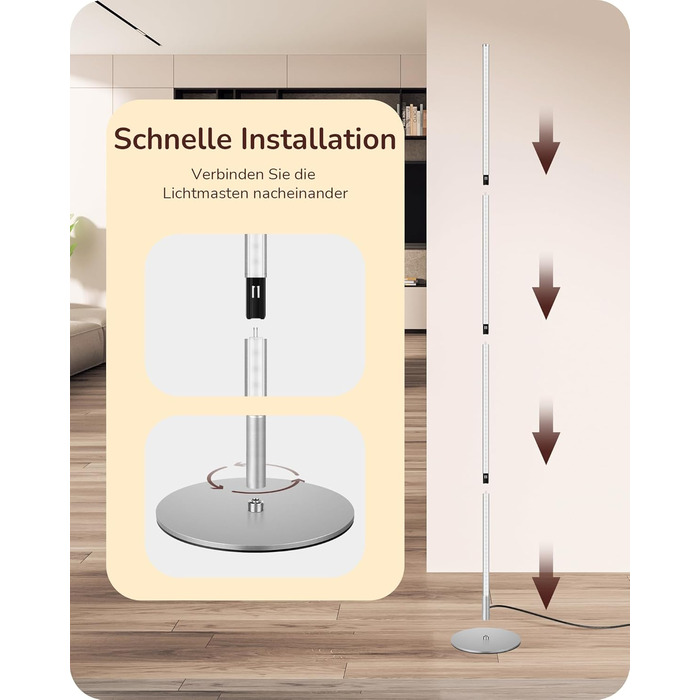 LED торшер Edishine 2 шт. з диммуванням, тепле світло 3000K, регулювання висоти 146 см, з функцією пам'яті, для вітальні, спальні, офісу (срібний)