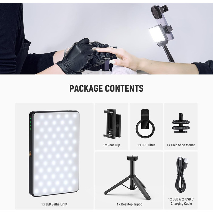 NEEWER BL120B Набір світла для селфі та татуювань LED, сумісний з iPhone, кліп-он CPL фільтр, штатив, тримач для телефону, заповнююче світло, видаляє відблиски для фотографії, відео, їжі, ювелірних виробів
