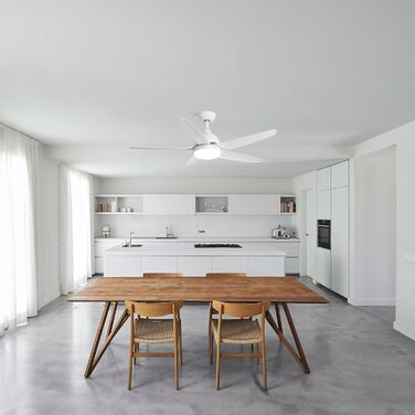 Стеляний вентилятор FINXIN з LED-лампою 132/122 см для спальні, вітальні, їдальні. Включає мотор, пульт керування (5 лопатей, білий)