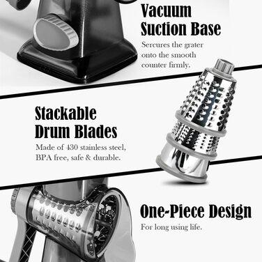 Ручна тертка для сиру та овочів Dreamhigh з ручкою, 3 змінні леза з нержавіючої сталі, для сиру, овочів, горіхів, моркви, кабачків, тощо.