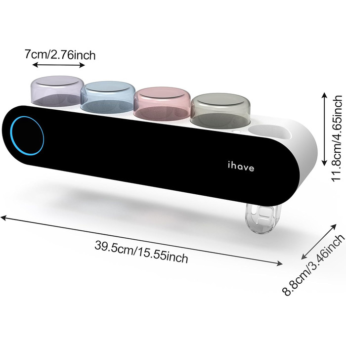 Тримач для зубних щіток iHave на стіну з УФ-дезінфекцією, для електричної зубної щітки, розумний аксесуар для ванної кімнати, 3 стаканчика, дозатор пасти (Uv-schwarz, 4 стаканчики)