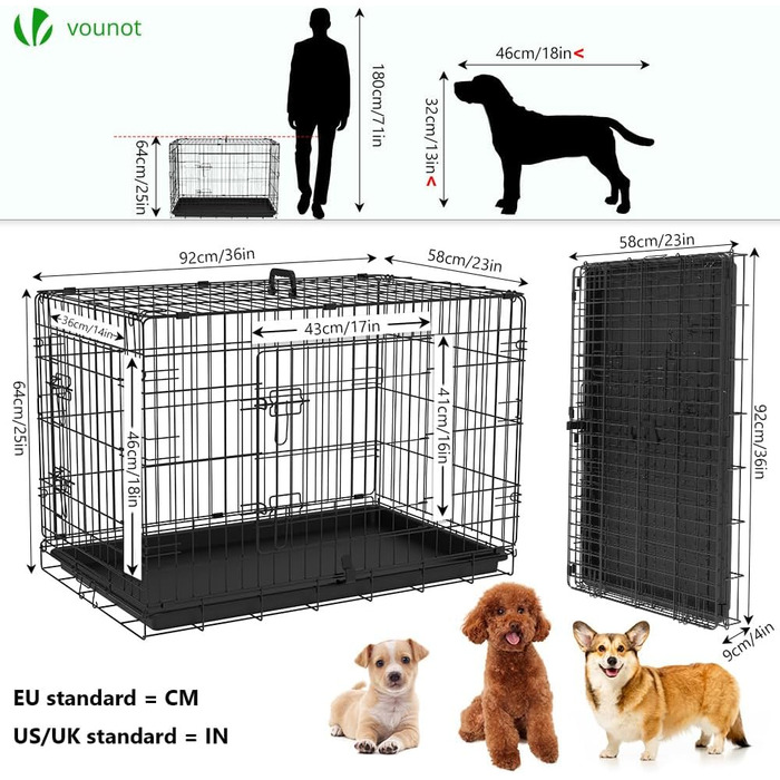 Клітка для собак VOUNOT, розкладна з кришкою, 122x75x81 см, чорна. Автомобільна переноска для собак, з подвійними дверцятами та знімною підстілкою. XXL, 92x58x64 см (без кришки)