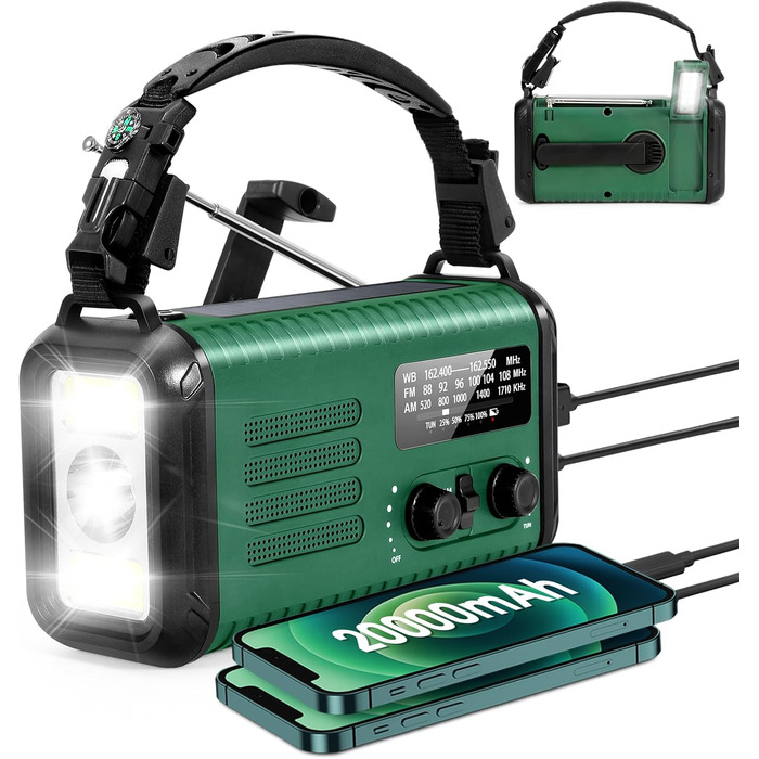 Радіо на сонячній батареї та з ручним генератором, 20000 mAh, AM/FM/NOAA, з живленням від акумулятора, SOS-сигнал, ліхтарик та лампа для читання, для надзвичайних ситуацій, кемпінгу та ураганів