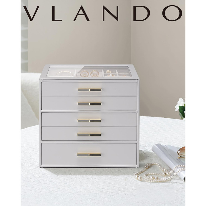 Шкатулка для прикрас Vlando 5-ярусна сіра, з скляною кришкою, органайзер для намист, кілець, сережок, браслетів