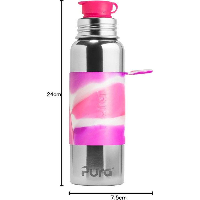 Pura Sport vacuum-insulated 650 ml stainless steel water bottle with silicone sport flip-top lid and sleeve (plastic-free, non-toxic certified, BPA-free) (Pink Swirl)