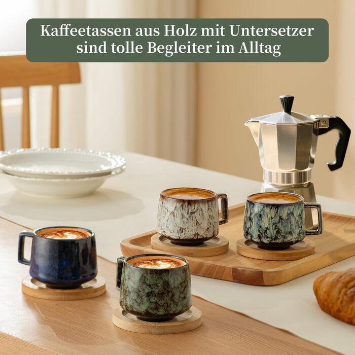 Набір з 4 чашок еспресо 190мл з дерев'яними підставками, керамічні чашки для кави, американо, лате, кави, мока та чаю (бежевий+блакитний+темно-синій+темно-зелений)