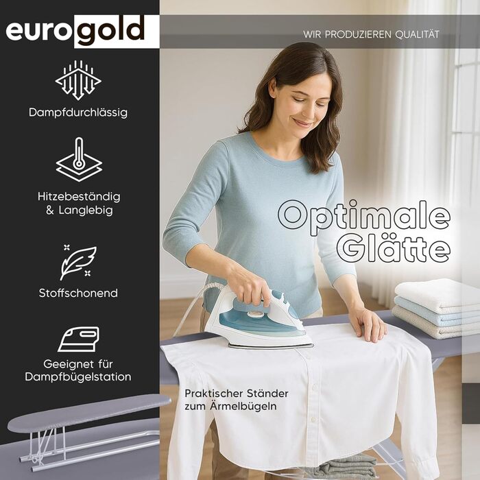Прасувальна дошка EUROGOLD для парогенератора 130x48 см з розеткою, регульована по висоті, складана, з підкладкою для рукавів та підставкою для праски, бавовняний чохол Oeko-Tex (Сірий)