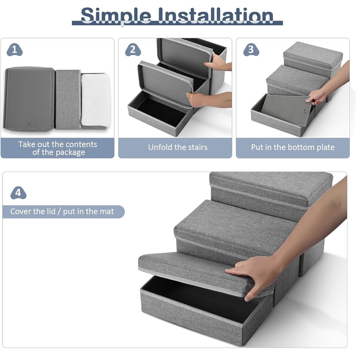 Сходинки для домашніх тварин Couleeur: 3 сходинки, антиковзкі, з місцем для зберігання, для собак та котів, складані, сірі