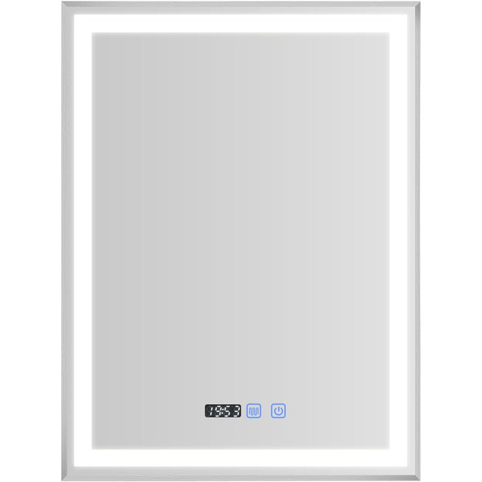 Дзеркало YOURLITE з підсвічуванням, 70x50 см, LED дзеркало для ванної кімнати з сенсорним вимикачем, годинником, 3 кольори світла, регулювання яскравості, запобігання запотіванню, пам'ять налаштувань, срібло