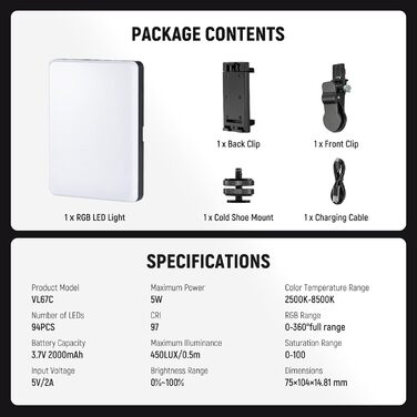 LED світло для селфі NEEWER Entry Level: clip-on, 54 LED, CRI 88, 650mAh, для iPhone, комп'ютера, вебкамери, Zoom, макіяжу