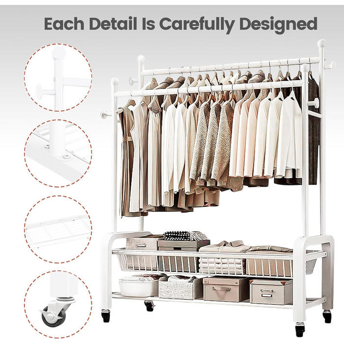 Стійка для одягу на колесах, двоярусна, з двома перекладинами (біла)