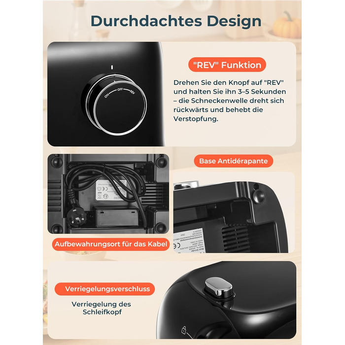 М'ясорубка електрична Fohere 2000 Вт з насадками для ковбас та кубів, 3 диски (7/5/3 мм), чорна