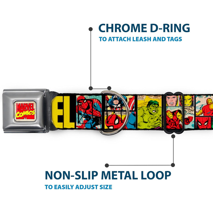 Нашийник для собак Buckle-Down Marvel Retro Comic Panels - чорний/жовтий, ширина 2.5 см, для шиї 38-66 см