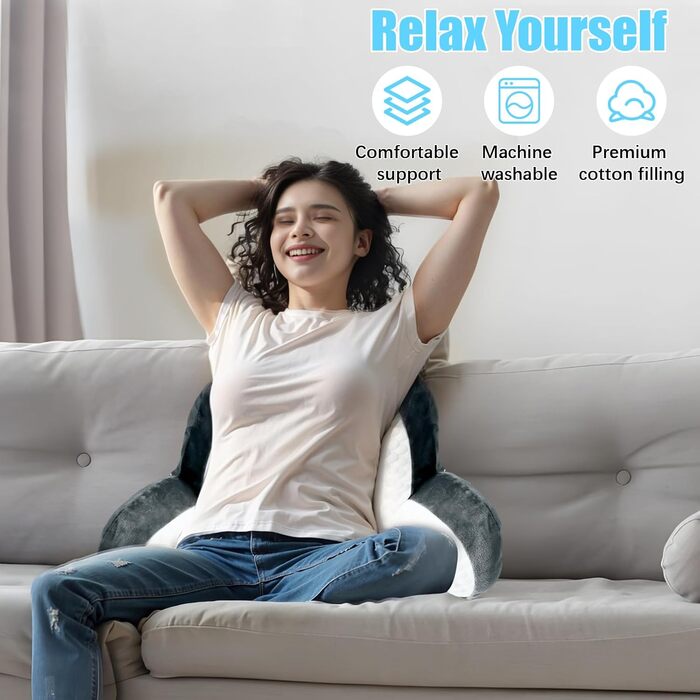 Крісло-подушка для читання Suewidfay, 70x50 см, велике, для дорослих, з підголовником та підлокітниками, сірого кольору