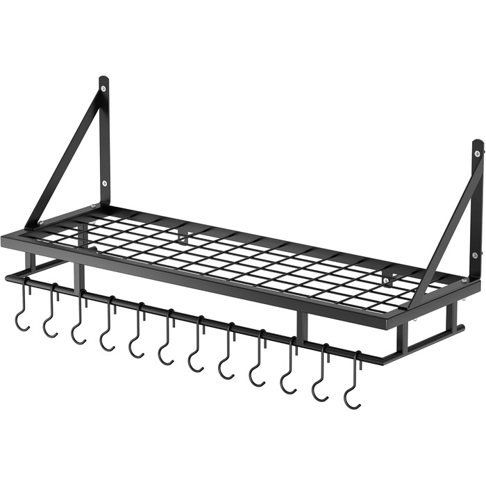 Kitchen Utensil Holder, Pan Holder, Kitchen Shelf, Kitchen with 12 Hooks, Hanging Shelf, Spice, Pan Shelf, Wall Shelf, Kitchen Rail, 75CM Wall Mount, Matte Black, KUR215S75A-BK