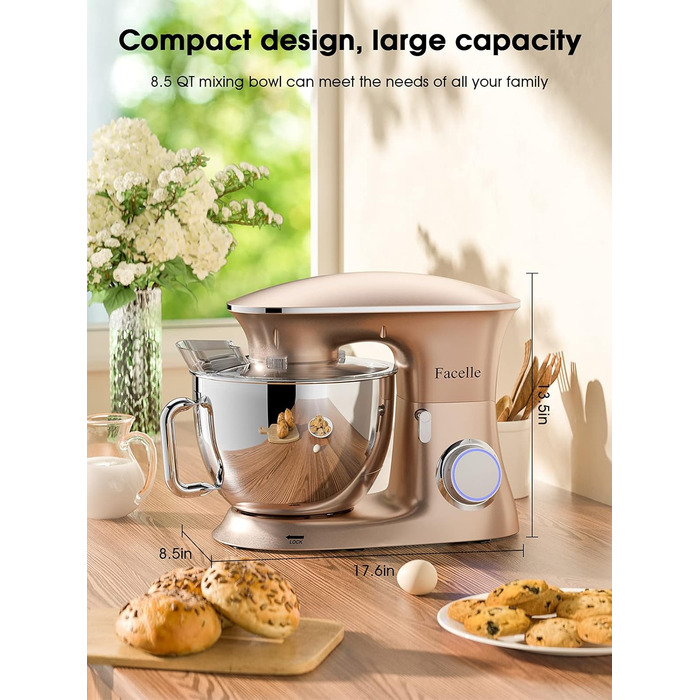 Facelle 2000W 8.5L Stand Mixer - Dough & Cake Mixer with Whisk, Dough Hook, Beater & Splash Guard for Baking, Cakes, Cookies, Kneading, 6+ Speed - Champagne Color