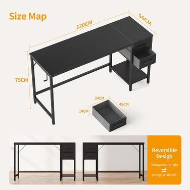 Cubiker 120x50cm Computer Desk with Drawers - Steel Frame, Industrial Design, White & Black