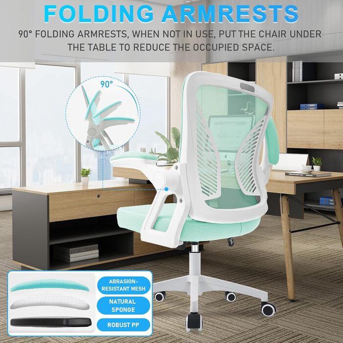 Офісний стілець з регульованими підлокітниками, ергономічний, з сітчастою спинкою, підтримкою попереку, регульованою висотою, м'яким сидінням, поворотний на 360°, (зелений)