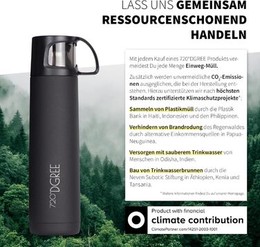 Термос 720°DGREE Thermoskanne з чашкою 450 мл 'Follow' – 3 розміри, 12 годин гарячий, 24 години холодний, без протікання, BPA-Free – термофляка з нержавіючої сталі, ізотермос – ідеально для роботи, дітей, школи, дитячого харчування 450 мл, Чорний Онікс | 