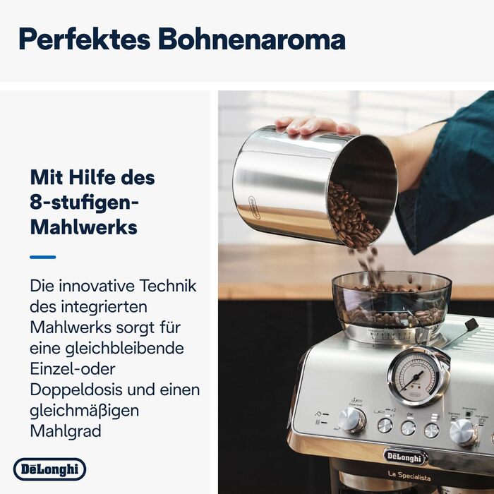 De'Longhi La Specialista Arte EC9155.MB Portafilter Espresso Machine, Espresso Machine with Grinder, 8 Grind Settings, 15 Bar, 3 Temperatures, Milk Frothing Wand, 1300 W, 1.5 L Tank, Stainless Steel/Black including Barista Kit. No Cold Brew Function. Espresso Machine Stainless Steel/Black