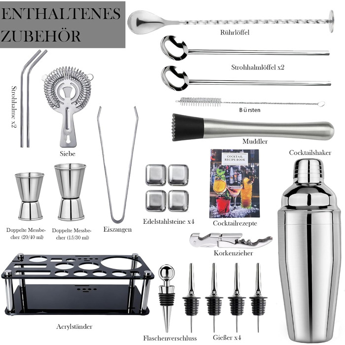 Набір для коктейлів 6 предметів з нержавіючої сталі, 750 мл, з аксесуарами та рецептами для дому, бару, вечірок (23 предмети)