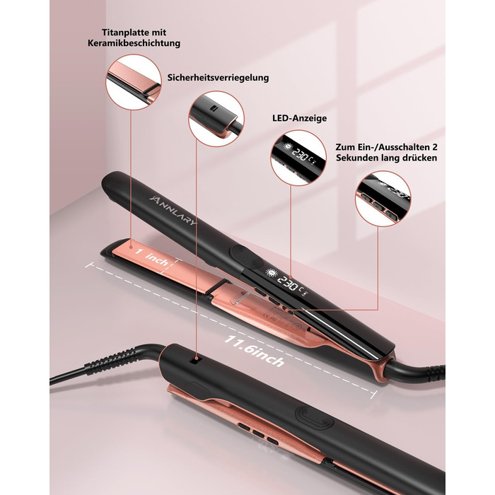 ANNLARY 1 Inch Hair Straightener & Curling Wand 2-in-1 - Titanium Ceramic Ion Technology - Heat Protection, Anti-Frizz, Shiny Hair - Dual Voltage (110-240V)