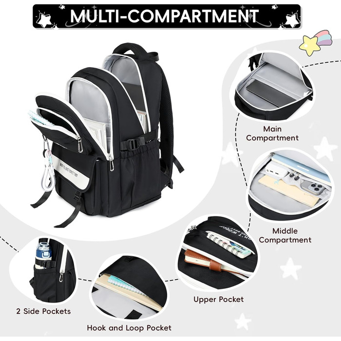 Шкільний рюкзак Tanou для підлітків, рюкзак для школи, великий шкільний ранець для дівчаток 4-12 класів, водонепроникний, зручний денний рюкзак для початкової, середньої та вищої школи (Чорний)
