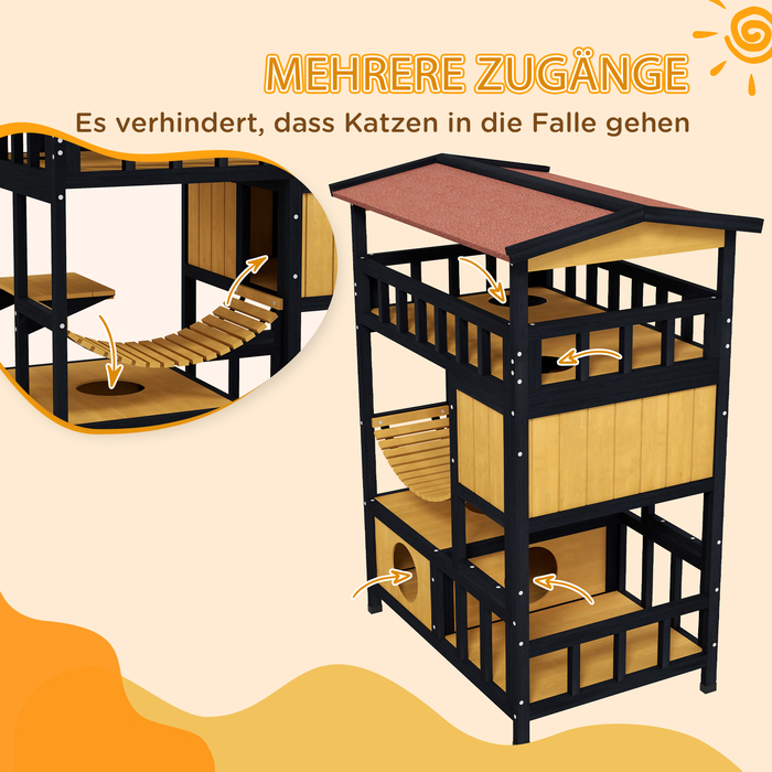 PawHut Cat House, Cat Paradise with Platforms, Suspension Bridge, and Cat Caves, Suitable for up to 2 Cats, Wood