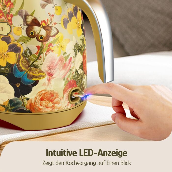 Електричний чайник Hazel Quinn Schneller 1.7л, 2200W, нержавіюча сталь 304, швидкий кип'ятіння, автоматичне вимкнення, захист від сухого кип'ятіння, вінтажний дизайн, BPA-free, перловий білий (жовтий з квітковим візерунком)