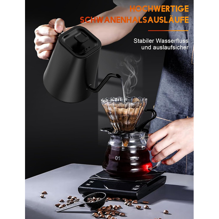 Vmotal Stainless Steel Kettle with Temperature Setting, Swan Neck Kettle, 24-Hour Keep Warm Function, 1200W Electric Kettle with Temperature Display, 1L Coffee Kettle