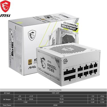 Блок живлення MSI MAG A850GL PCIE5 White, 850W, 80 Plus Gold, повністю модульний, ATX 3.0, PCIe 5.0, білий