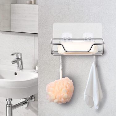 Тримач для мила без свердління Uten, нержавіюча сталь, самоклеючий, з 2 гачками, для мила та губки, для душу, ванної кімнати, кухні, сріблястий
