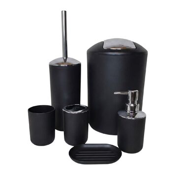 Набір для ванної кімнати 6 предметів, чорний: аксесуари для ванної, туалетний набір, кошик для сміття, стакан для зубних щіток, мильниця, дозатор для мила - пластик