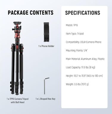 Штатив для камери NEEWER Basics з моноподом, 71' алюмінію, важкий, портативний, для подорожей, DSLR, мобільний, з кульковою головкою 360°, тримач для iPhone, для зйомки відео