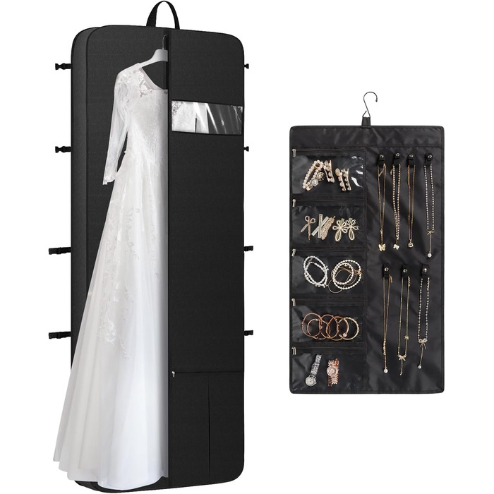Univivi Garment Bag Long 182cm, Bridal Gown Garment Bag with Shoe Compartment, Garment Bags with 4 Zipper Pockets, Foldable Waterproof Garment Bag Travel for Evening Dresses - Beige (182cm / Black Includes 1 Accessory Pouch)
