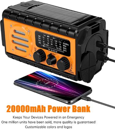 Радіо на сонячній батареї та ручному заводі 20000 mAh з динамо-машиною, USB-зарядка, ліхтарик, SOS, для дому та надзвичайних ситуацій (Помаранчевий)