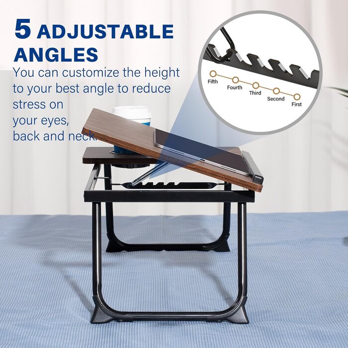 Зручний столик-підставка для ноутбука в ліжко/диван, регульований, складаний, з підстаканником (Darkwalnut)