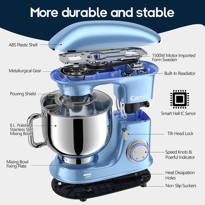 Stand Mixer Dough Mixer Camic 1500W 8L Stand Mixer Mixing Appliance Multifunction Mixer Quiet, Powerful, and Professional, 6 Speeds with Pulse, Stainless Steel Bowl (Black)