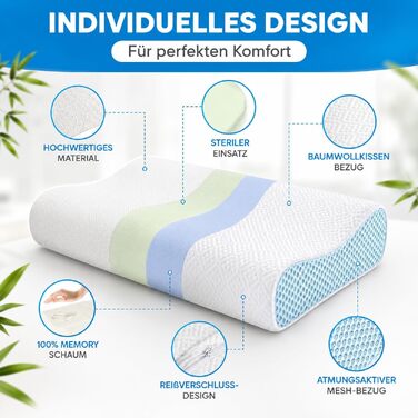 Ортопедична подушка з ефектом пам'яті (Memory Foam) з бамбуковим чохлом, ергономічна підтримка шиї для будь-якої пози сну, біла, 60x40x12/10 см