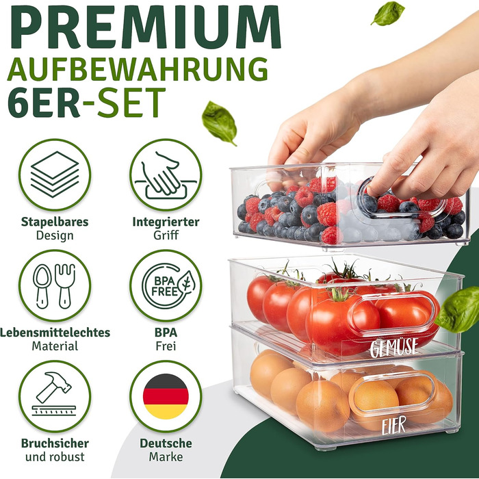 Refrigerator Organizer 6-Piece Set [with 16 Stickers] Premium Kitchen Organizer | Storage Box Organizer for Refrigerator | Food Storage Containers | Stackable | BPA Free